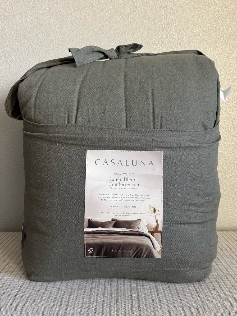 NWT King / California King Heavyweight Linen Blend Comforter and Sham Set Olive